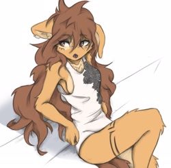 Size: 2066x2032 | Tagged: safe, artist:tinygaypirate, oc, oc:apogee (tinygaypirate), canine, dog, mammal, anthro, body markings, breasts, brown body, brown eyes, brown fur, brown hair, clothes, female, fur, hair, leaning back, multicolored fur, sideboob, solo, solo female, tank top, topwear, two toned body, two toned fur