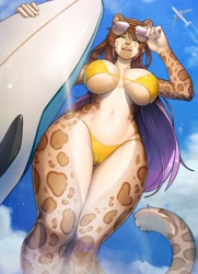 Size: 2313x3193 | Tagged: suggestive, artist:janjin192, artist:kambo, oc, oc only, oc:natalie (kotovakat), big cat, feline, jaguar, mammal, 2022, aircraft, airplane, beach, belly button, big breasts, black nose, breasts, butt, cameltoe, cloud, commission, detailed background, digital art, eyelashes, female, fur, hair, nipple outline, ocean, open mouth, sky, solo, solo female, spotted body, spotted fur, surfboard, tail, thighs, tongue, underass, vehicle, water, wide hips