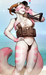 Size: 1290x2100 | Tagged: suggestive, artist:janjin192, artist:kambo, oc, oc only, ferret, hybrid, lagomorph, mammal, mustelid, rabbit, 2022, beach, belly button, belt, breasts, cameltoe, clothes, cloud, commission, detailed background, digital art, eyelashes, fangs, female, fur, gun, hair, hand on hip, nipple outline, ocean, open mouth, pink nose, pose, rifle, sharp teeth, sky, solo, solo female, tail, teeth, thighs, tongue, water, weapon, wide hips