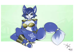 Size: 3000x2100 | Tagged: safe, artist:zinnick, krystal (star fox), canine, fox, mammal, anthro, digitigrade anthro, nintendo, star fox, 2020, bedroom eyes, belly button, bikini, black nose, breasts, chest fluff, choker, clothes, digital art, ears, eyelashes, female, fluff, fur, hair, headband, headwear, jewelry, loincloth, looking at you, necklace, pose, shoulder pads, simple background, solo, solo female, swimsuit, tail, thighs, tribal markings, vixen, wide hips