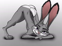 Size: 2732x2048 | Tagged: suggestive, artist:link6432, judy hopps (zootopia), lagomorph, mammal, rabbit, anthro, digitigrade anthro, disney, zootopia, 2021, bedroom eyes, belly button, breasts, digital art, ears, eyelashes, face down ass up, female, fur, jack-o' crouch pose, looking at you, nudity, pink nose, rear view, small breasts, solo, solo female, tail, thighs, wide hips