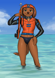 Size: 1900x2700 | Tagged: suggestive, alternate version, artist:diacordst, zuma (paw patrol), canine, chocolate labrador, dog, labrador, mammal, anthro, nickelodeon, paw patrol, 2022, bedroom eyes, black nose, clothes, cloud, collar, crotch bulge, detailed background, digital art, ears, fur, headwear, helmet, male, ocean, older, skinny dipping, sky, solo, solo male, spear, speedo, suit, tail, water, weapon