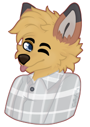 Size: 802x1124 | Tagged: safe, artist:calibykitty, oc, oc only, canine, fox, mammal, anthro, art fight, artfight2022, blep, blue eyes, bust, cheek fluff, fluff, fur, hair, head fluff, male, one eye closed, simple background, solo, solo male, tongue, tongue out, transparent background, winking