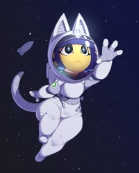 Size: 1486x1853 | Tagged: safe, artist:huffslove, ankha (animal crossing), cat, feline, mammal, anthro, plantigrade anthro, animal crossing, nintendo, 2022, 2d, :<, astronaut, boots, breasts, clothes, ears, eyelashes, featured image, female, frowning, fur, hair, headwear, helmet, shoes, solo, solo female, space, spaceship, spacesuit, sparkly eyes, stars, tail, thighs, vehicle, wide hips, wingding eyes