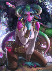 Size: 741x1000 | Tagged: safe, artist:levelviolet, lizard, reptile, anthro, backpack, big breasts, breasts, cleavage, crystal, female, gem, horns, kneeling, potion, scales, solo, solo female, staff, tail