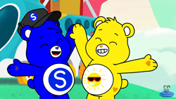 Size: 3410x1920 | Tagged: safe, artist:mrstheartist, edit, edited screencap, screencap, funshine bear (care bears), oc, oc:creative bear, bear, fictional species, mammal, semi-anthro, care bears, care bears: unlock the magic, belly badges, best friends, black outline, bright colors, care bear, duo, duo male, eyes closed, heart nose, high five, high res, male, males only