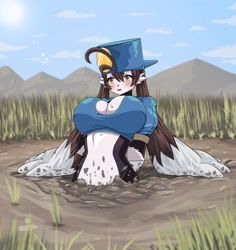 Size: 1207x1280 | Tagged: suggestive, artist:saikunn, klonoa (klonoa), cat, feline, mammal, anthro, bandai namco, klonoa, namco, belly button, big breasts, blushing, breasts, cleavage, clothes, female, hat, headwear, mud, outdoors, quicksand, rope, rule 63, sinking, solo, solo female, stuck, tied up