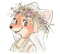 Size: 720x654 | Tagged: safe, artist:penpen_disney, maid marian (robin hood), canine, fox, mammal, red fox, anthro, disney, robin hood (disney), 2022, 2d, bust, cute, female, flower, front view, headdress, looking at you, plant, simple background, smiling, smiling at you, three-quarter view, vixen, white background