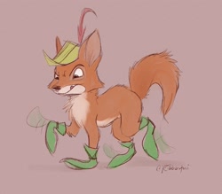 Size: 2000x1750 | Tagged: safe, artist:ribbontini, robin hood (robin hood), canine, fox, mammal, red fox, feral, disney, robin hood (disney), 2d, boots, clothes, feralized, hat, headwear, male, shoes, signature, solo, solo male, tan background, tongue, tongue out