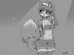 Size: 1280x953 | Tagged: safe, artist:oughta, krystal (star fox), canine, fox, mammal, anthro, nintendo, star fox, 2019, belly button, black nose, bottomwear, breasts, christmas, clothes, digital art, ears, evening gloves, eyelashes, female, fur, gloves, hair, hat, headwear, holiday, jewelry, legwear, long gloves, monochrome, pose, santa hat, shorts, simple background, solo, solo female, stockings, tail, tank top, thighs, topwear, tribal markings, vixen, wide hips