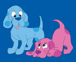 Size: 1280x1039 | Tagged: safe, artist:hyzenthlay-rose, blue (blue's clues), magenta (blue's clues), canine, dog, mammal, feral, blue's clues, nickelodeon, 2022, 2d, blue background, blue body, blue eyes, blue fur, cute, duo, duo female, female, females only, fur, looking at each other, magenta body, magenta fur, simple background, smiling, tongue, tongue out