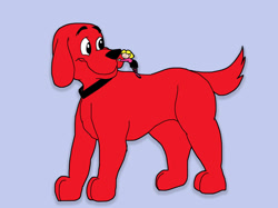 Size: 1280x957 | Tagged: safe, artist:hyzenthlay-rose, clifford (clifford), emily elizabeth howard (clifford), canine, dog, human, mammal, feral, clifford the big red dog, pbs, 2d, child, collar, duo, duo male and female, eyes closed, female, fur, hug, larger male, looking at someone, macro/micro, male, purple background, red body, red fur, simple background, size difference, smaller female, smiling, young
