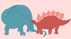 Size: 1280x707 | Tagged: safe, artist:hyzenthlay-rose, brachiosaurus, dinosaur, reptile, sauropod, stegosaurus, feral, 2d, female, looking at each other, male, male/female, pink background, simple background, smiling