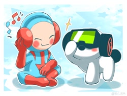 Size: 680x510 | Tagged: safe, artist:rai_8ya, airboarder (rhythm heaven), barista (rhythm heaven), fictional species, halfling, mammal, feral, humanoid, nintendo, rhythm heaven, 2022, abstract background, accessories swap, duo, duo male, eyes closed, goggles, headphones, headwear, male, males only, musical note, sitting, stars, tail