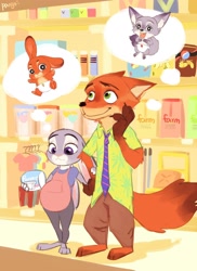 Size: 1280x1758 | Tagged: safe, artist:santiagusblog, judy hopps (zootopia), nick wilde (zootopia), canine, fox, lagomorph, mammal, rabbit, disney, zootopia, apron, baby, clothes, cub, diaper, female, male, male/female, pregnant, shipping, shopping, thought bubble, wildehopps (zootopia), young