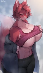 Size: 1229x2048 | Tagged: suggestive, artist:suurin_2, canine, fox, mammal, anthro, blushing, bottomwear, breasts, clothes, coat, female, huge breasts, pants, shirt, shirt lift, solo, solo female, sweat, tail, topwear, undressing