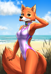 Size: 2756x4000 | Tagged: safe, artist:mykegreywolf, maid marian (robin hood), canine, fox, mammal, anthro, disney, robin hood (disney), 2022, armpits, arms behind head, beach, black nose, breasts, cheek fluff, clothes, cloud, detailed background, digital art, ears, eyelashes, female, fluff, jewelry, looking at you, ocean, one-piece swimsuit, open mouth, pink swimsuit, pose, sand, sharp teeth, sky, solo, solo female, swimsuit, teeth, thighs, tongue, vixen, water, white swimsuit, wide hips