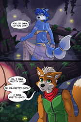 Size: 1000x1500 | Tagged: safe, artist:heresyart, fox mccloud (star fox), krystal (star fox), canine, fox, mammal, anthro, atlantis: the lost empire, disney, nintendo, star fox, 2018, anthro/anthro, bandanna, bedroom eyes, belly button, bikini, black nose, blushing, bottomwear, breasts, butt, canon ship, cheek fluff, chest fluff, clothes, couple, crossover, dialogue, digital art, duo, ears, eyelashes, female, fingerless gloves, fluff, forest, fur, gloves, hair, holding, lake, loincloth, looking back, male, male/female, pants, picture-in-picture, plant, rear view, reference, see-through, shipping, shirt, shoulder fluff, skinny dipping, smiling, speech bubble, swimsuit, tail, talking, text, thighs, topwear, tree, tribal markings, undressing, vixen, water, wide hips