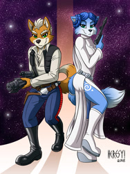 Size: 1080x1440 | Tagged: safe, artist:heresyart, fox mccloud (star fox), han solo (star wars), krystal (star fox), canine, fox, mammal, anthro, nintendo, star fox, star wars, 2018, anthro/anthro, black nose, boots, bottomwear, breasts, canon ship, cheek fluff, clothes, cosplay, couple, crossover, detailed background, digital art, duo, ears, eyelashes, female, fluff, fur, gun, hair, handgun, holding, looking at you, male, male/female, pants, princess leia (star wars), shipping, shirt, shoes, tail, thighs, topwear, tribal markings, vixen, weapon, wide hips