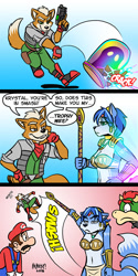 Size: 540x1080 | Tagged: safe, artist:heresyart, bowser (mario), fox mccloud (star fox), krystal (star fox), mario (mario), canine, fictional species, fox, human, koopa, mammal, reptile, anthro, mario (series), nintendo, star fox, super smash brothers, 2018, 3 panel comic, accessories, bandanna, belly button, bikini, bikini top, black nose, boots, bottomwear, breasts, cap, cheek fluff, chest fluff, clothes, comic, crossover, dialogue, digital art, ears, eyelashes, female, fingerless gloves, fluff, fur, gloves, gun, hair, hand on hip, handgun, hat, headwear, hitting, jewelry, krystal's staff, loincloth, looking at each other, male, pants, scales, seductive, shell, shirt, shoes, shoulder pads, speech bubble, swimsuit, tail, talking, text, thighs, this will end in pain, this will not end well, topwear, tribal markings, unamused, vixen, weapon, wide hips
