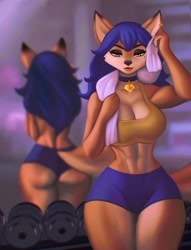 Size: 1215x1592 | Tagged: safe, artist:aozee, carmelita fox (sly cooper), canine, fox, mammal, anthro, sly cooper (series), 2022, abs, bedroom eyes, black nose, bottomwear, butt, clothes, collar, commission, crop top, detailed background, digital art, ears, eyelashes, female, fur, gym, hair, looking at you, mirror, muscles, muscular female, rear view, reflection, shorts, solo, solo female, sports bra, sports shorts, sweat, tail, topwear, vixen, weight lifting, workout