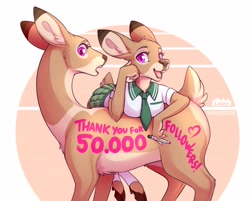 Size: 2800x2250 | Tagged: safe, artist:loimu, oc, oc only, oc:loimu, cervid, deer, mammal, anthro, feral, bottomwear, brown body, brown fur, clothes, cloven hooves, dewclaw, digital art, duo, duo female, ears, female, females only, fur, furry confusion, high res, hooves, looking at you, nudity, open mouth, pink eyes, school uniform, simple background, skirt, synthwave sun, tail, tan body, tan fur, text, topwear