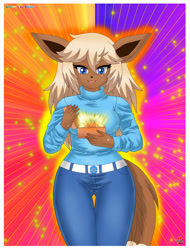 Size: 1124x1482 | Tagged: safe, artist:shinn, eevee, eeveelution, fictional species, mammal, anthro, nintendo, pokémon, 2021, belly button, belt, black nose, bottomwear, breasts, butt, clothes, commission, digital art, ears, eyelashes, female, fluff, fur, gemstone, hair, looking down, neck fluff, open mouth, pants, shirt, solo, solo female, tail, thighs, topwear, underass, wide hips