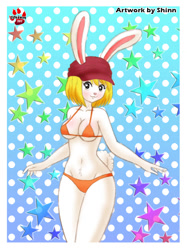 Size: 918x1228 | Tagged: safe, artist:shinn, carrot (one piece), fictional species, lagomorph, mammal, mink tribe, rabbit, anthro, one piece, 2017, belly button, bikini, breasts, cap, clothes, digital art, ears, eyelashes, female, fur, hair, hat, headwear, looking at you, pink nose, solo, solo female, swimsuit, tail, thighs, wide hips
