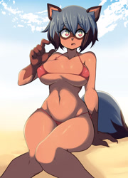 Size: 2126x2953 | Tagged: safe, artist:lucyfercomic, michiru kagemori (bna), canine, mammal, raccoon dog, anthro, bna: brand new animal, 2022, absolute cleavage, belly button, big breasts, bikini, blue hair, blue tail, breasts, claws, cleavage, clothes, curvy, ears, female, gloves (arm marking), hair, hourglass figure, mask (facial marking), micro bikini, midriff, multicolored eyes, nipple outline, sexy, short hair, sitting, socks (leg marking), solo, solo female, swimsuit, tail, thick thighs, thighs, two toned eyes, wide hips
