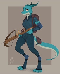 Size: 2867x3500 | Tagged: safe, artist:waga, fictional species, kobold, reptile, anthro, backpack, crossbow, female, horns, solo, solo female, tail, tail pouch, weapon