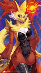 Size: 844x1500 | Tagged: safe, artist:alanscampos, delphox, fictional species, anthro, nintendo, pokémon, 2022, arm fluff, breasts, cheek fluff, clothes, detailed background, digital art, ear fluff, ears, eyelashes, female, fire, fluff, fur, hip fluff, latex, latex stockings, legwear, neck fluff, one-piece swimsuit, open mouth, red nose, sharp teeth, shoulder fluff, solo, solo female, starter pokémon, stick, stockings, swimsuit, tail, teeth, thighs, tongue, wide hips