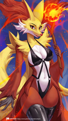 Size: 844x1500 | Tagged: safe, alternate version, artist:alanscampos, delphox, fictional species, anthro, nintendo, pokémon, 2022, arm fluff, belly button, bikini, breasts, cheek fluff, clothes, detailed background, digital art, ear fluff, ears, eyelashes, female, fire, fluff, fur, hip fluff, latex, latex stockings, legwear, neck fluff, open mouth, red nose, sharp teeth, shoulder fluff, solo, solo female, starter pokémon, stick, stockings, swimsuit, tail, teeth, thighs, tongue, wide hips
