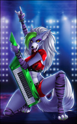 Size: 795x1280 | Tagged: safe, artist:ariveil, roxanne wolf (fnaf), canine, mammal, wolf, anthro, five nights at freddy's, five nights at freddy's: security breach, 2022, breasts, clothes, ears, female, green hair, hair, keytar, long hair, looking at you, multicolored hair, smiling, smiling at you, solo, solo female, tail, thighs, two toned hair, white hair