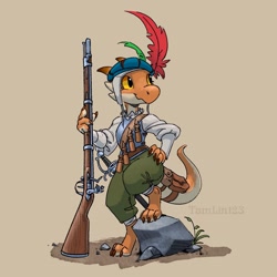 Size: 1600x1600 | Tagged: safe, artist:taborlin123, fictional species, kobold, reptile, anthro, armor, clothes, female, gun, hat, headwear, rifle, solo, solo female, tail, tail pouch, weapon