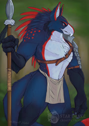 Size: 1080x1528 | Tagged: safe, artist:stardrakestudio, bird, anthro, clothes, loincloth, male, muscles, muscular male, solo, solo male, spear, tail, weapon