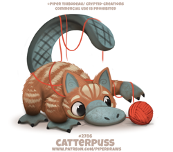 Size: 700x616 | Tagged: safe, artist:cryptid-creations, cat, feline, hybrid, mammal, monotreme, platypus, feral, 2d, ambiguous gender, cute, pun, simple background, solo, solo ambiguous, visual pun, white background, yarn