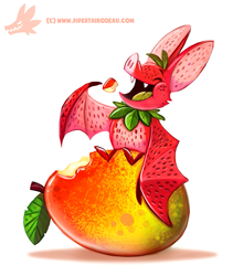 Size: 655x744 | Tagged: safe, artist:cryptid-creations, bat, fictional species, food creature, fruit bat, hybrid, mammal, feral, 2d, eating, eyes closed, food, fruit, mango, open mouth, open smile, pun, simple background, smiling, visual pun, white background