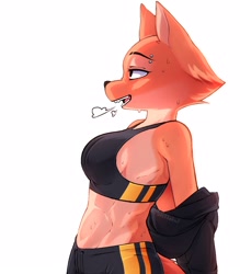Size: 1400x1600 | Tagged: safe, artist:pokithekat, diane foxington (the bad guys), canine, fox, mammal, anthro, dreamworks animation, the bad guys, 2022, abs, bedroom eyes, belly button, breasts, clothes, digital art, ears, eyelashes, female, fur, muscles, open mouth, piercing, pink nose, sharp teeth, side view, sideboob, simple background, solo, solo female, sports bra, sports pants, sweat, tail, teeth, tongue, topwear, tracksuit, undressing, vixen, white background