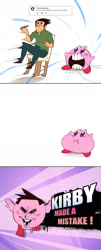 Size: 750x1863 | Tagged: safe, artist:randowis, kirby (kirby), fictional species, human, mammal, puffball (kirby), kirby (series), nintendo, comic, duo, duo male, inhaling, male, males only, parody, post-transformation, self insert