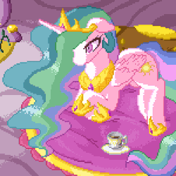 Size: 450x450 | Tagged: safe, artist:wookylee, princess celestia (mlp), alicorn, equine, fictional species, mammal, pony, feral, friendship is magic, hasbro, my little pony, 1:1, 2017, animated, crown, drink, ethereal mane, ethereal tail, feathered wings, feathers, female, folded wings, gif, headwear, hoof shoes, jewelry, low res, mare, pixel animation, pixel art, regalia, saucer, sitting, solo, solo female, tea, teacup, wings