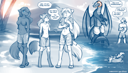 Size: 2240x1280 | Tagged: safe, artist:twokinds, keiren (twokinds), laura (twokinds), maren taverndatter (twokinds), mrs. nibbly (twokinds), raine (twokinds), reni (twokinds), dragon, fictional species, human, keidran, mammal, rodent, squirrel, anthro, unguligrade anthro, twokinds, ball, beach, beach ball, breasts, clothes, featureless breasts, hooves, inner tube, male swimwear challenge, shirt, species swap, swimming trunks, topwear