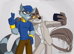 Size: 2048x1489 | Tagged: safe, artist:ggi016, mr. wolf (the bad guys), sly cooper (sly cooper), canine, mammal, procyonid, raccoon, wolf, anthro, dreamworks animation, sly cooper (series), the bad guys, 2022, crossover, duo, duo male, male, males only, tail, tail wag
