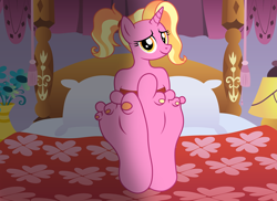Size: 1920x1396 | Tagged: safe, artist:vibronbin13, luster dawn (mlp), equine, fictional species, mammal, pony, unicorn, anthro, plantigrade anthro, friendship is magic, hasbro, my little pony, anthrofied, barefoot, feet, female, fetish, foot fetish, foot focus, mare, soles, toes, wiggling toes