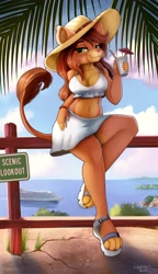 Size: 2000x3470 | Tagged: safe, artist:lightly-san, oc, oc only, big cat, feline, lion, mammal, anthro, digitigrade anthro, 2022, art trade, beach, bedroom eyes, bikini, bikini top, breasts, clothes, cloud, detailed background, digital art, ears, eyelashes, female, fur, hair, hat, headwear, lioness, ocean, palm tree, plant, pose, sand, sandals, sarong, shoes, sitting, sky, solo, solo female, swimsuit, tail, thighs, tree, water, wide hips