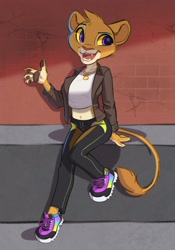 Size: 1976x2818 | Tagged: safe, artist:siroc, big cat, feline, lion, mammal, anthro, digitigrade anthro, 2022, bottomwear, clothes, crop top, female, jacket, midriff, open mouth, pants, shirt, smiling, sneakers, solo, solo female, topwear