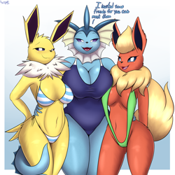 Size: 3500x3496 | Tagged: suggestive, artist:an-tonio, eeveelution, fictional species, flareon, jolteon, mammal, vaporeon, anthro, nintendo, pokémon, 2022, bedroom eyes, belly button, big breasts, bikini, black nose, blushing, border, breasts, clothes, dialogue, digital art, ears, eyelashes, fins, fluff, fur, hair, head fluff, neck fluff, one-piece swimsuit, open mouth, pose, sharp teeth, simple background, sling bikini, swimsuit, tail, talking, talking to viewer, teeth, text, thighs, tongue, white border, wide hips