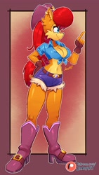 Size: 2212x3920 | Tagged: safe, artist:jamoart, princess sally acorn (sonic), chipmunk, mammal, rodent, anthro, digitigrade anthro, archie sonic the hedgehog, sega, sonic the hedgehog (series), 2022, breasts, chest fluff, cleavage, clothes, cowboy hat, daisy dukes, ear piercing, earring, female, fingerless gloves, fluff, front knot midriff, gloves, hand on hip, hat, headwear, midriff, piercing, shirt, short shorts, shorts, smiling, solo, solo female, topwear