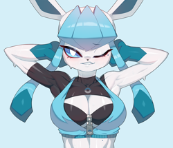 Size: 1256x1080 | Tagged: safe, artist:drunk_oak, eeveelution, fictional species, glaceon, mammal, anthro, nintendo, pokémon, 2022, armpits, arms behind head, big breasts, bikini, bikini top, blushing, breasts, clothes, digital art, ears, eyelashes, female, fur, hair, looking at you, one eye closed, pose, simple background, solo, solo female, sports bra, sweat, swimsuit, topwear, unzipped, wide hips