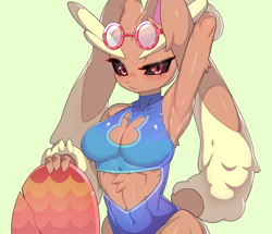 Size: 1256x1080 | Tagged: safe, artist:drunk_oak, fictional species, lopunny, mammal, anthro, nintendo, pokémon, 2022, arm fluff, armpits, arms behind head, belly button, black sclera, blushing, clothes, colored sclera, digital art, ear fluff, ears, eyebrows, eyelashes, female, fluff, fur, glasses, glasses on head, looking at you, one-piece swimsuit, pink nose, pose, round glasses, simple background, solo, solo female, sunglasses, sunglasses on head, surfboard, swimsuit, wide hips