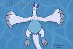 Size: 2000x1333 | Tagged: safe, artist:doesnotexist, oc, oc:styrm (doesnotexist), fictional species, legendary pokémon, lugia, feral, nintendo, pokémon, belly, blue skin, eyes closed, high res, lying down, male, musclegut, on back, partially submerged, signature, sleeping, slightly chubby, socks (leg marking), solo, solo male, subscribestar, tail, water, watermark, white skin, wings